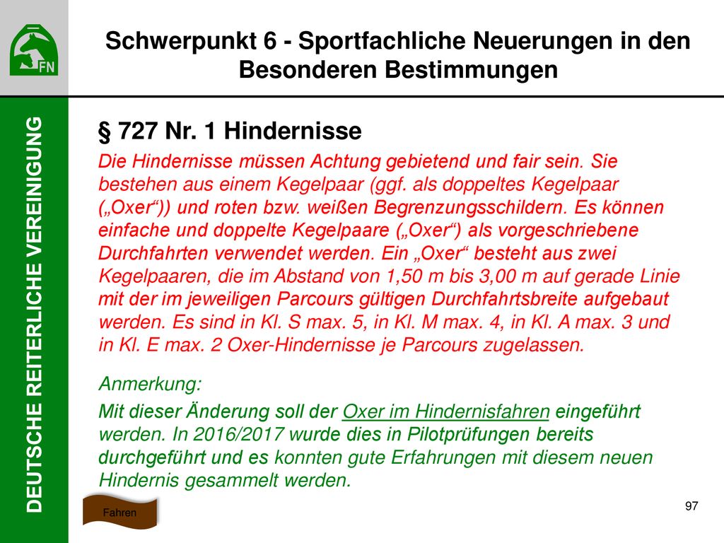 Schwerpunkt 6 - Sportfachliche Neuerungen in den Besonderen Bestimmungen