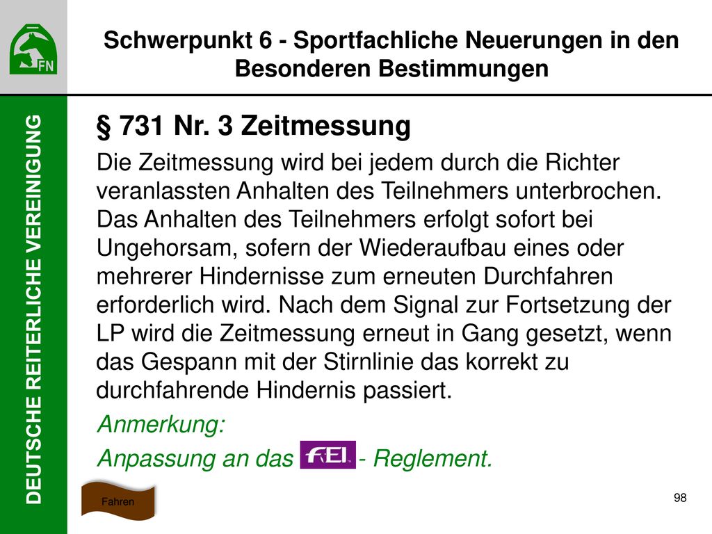 Schwerpunkt 6 - Sportfachliche Neuerungen in den Besonderen Bestimmungen