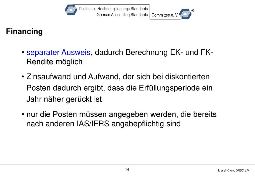 Financing separater Ausweis, dadurch Berechnung EK- und FK- Rendite möglich.
