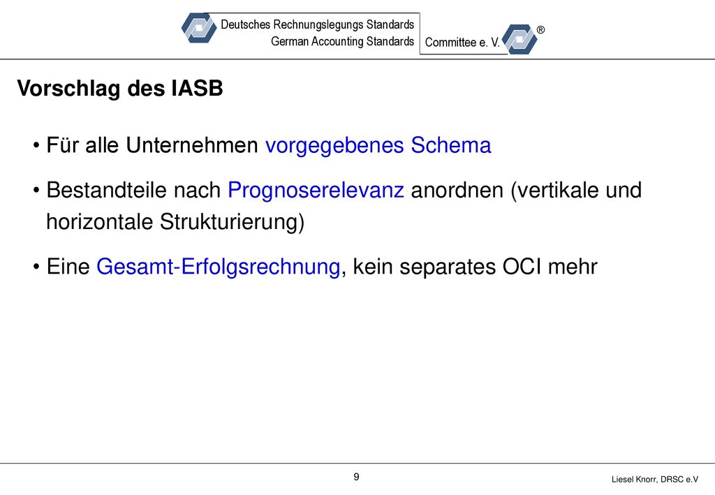 Vorschlag des IASB Für alle Unternehmen vorgegebenes Schema. Bestandteile nach Prognoserelevanz anordnen (vertikale und horizontale Strukturierung)