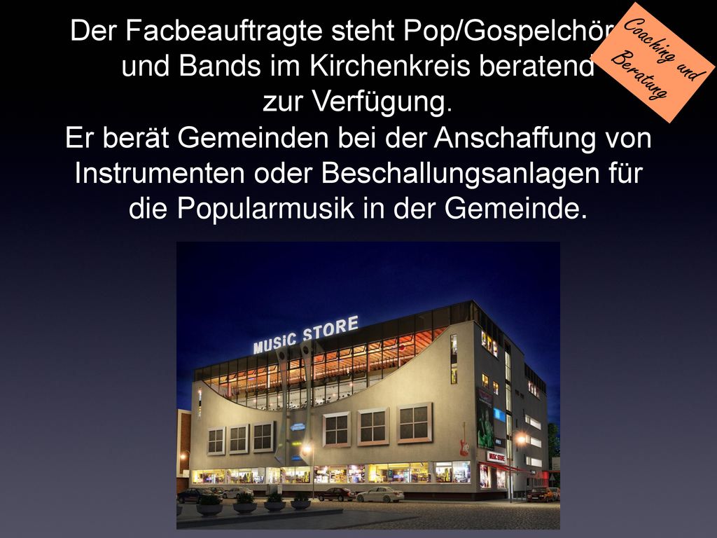 Der Facbeauftragte steht Pop/Gospelchören und Bands im Kirchenkreis beratend zur Verfügung.