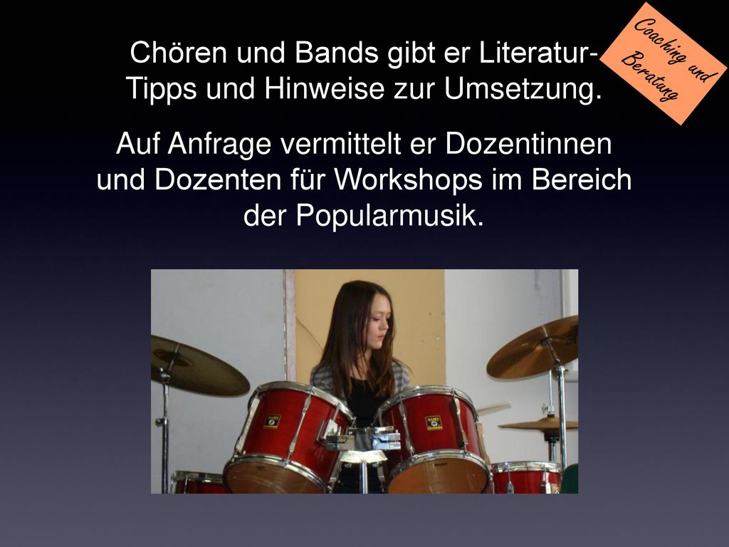 Chören und Bands gibt er Literatur- Tipps und Hinweise zur Umsetzung.