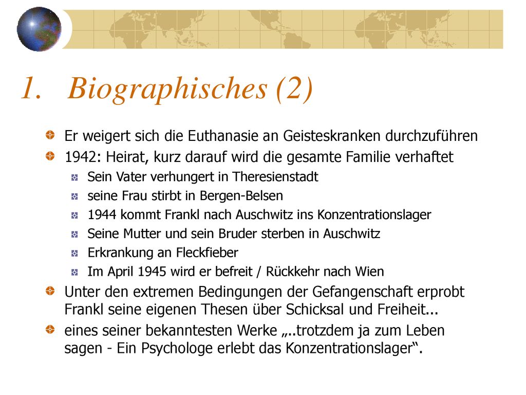 Biographisches (2) Er weigert sich die Euthanasie an Geisteskranken durchzuführen. 1942: Heirat, kurz darauf wird die gesamte Familie verhaftet.
