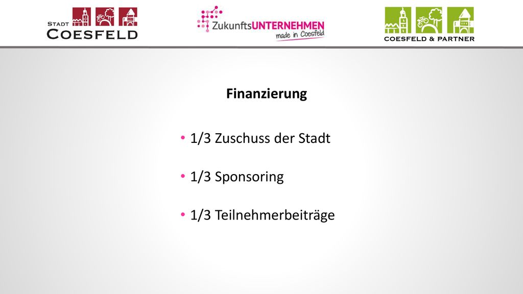 Finanzierung 1/3 Zuschuss der Stadt 1/3 Sponsoring 1/3 Teilnehmerbeiträge