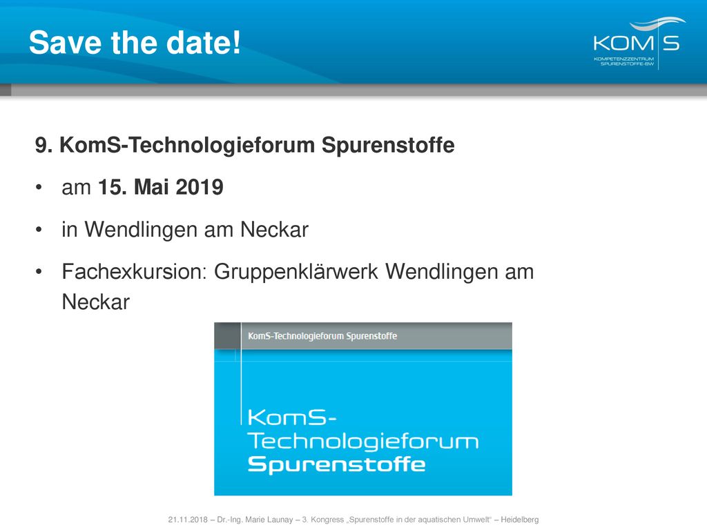 Save the date! 9. KomS-Technologieforum Spurenstoffe am 15. Mai 2019