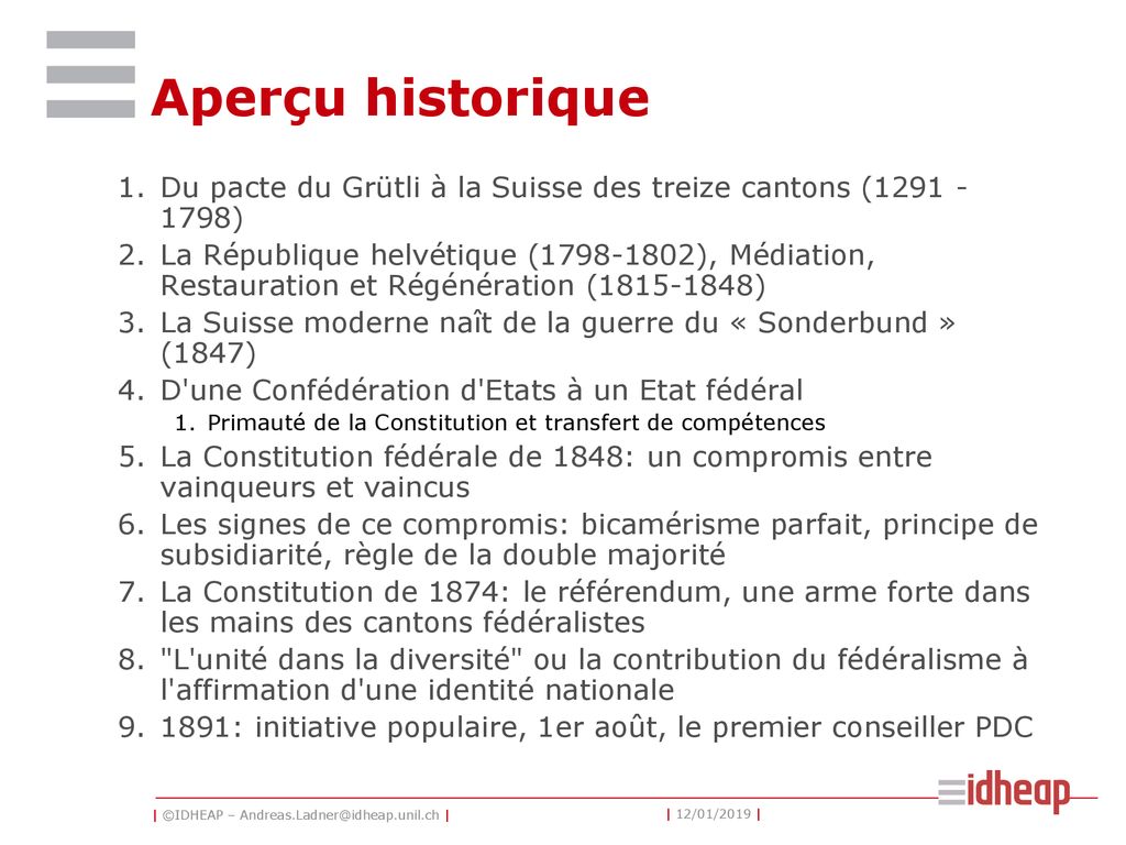 Aperçu historique Du pacte du Grütli à la Suisse des treize cantons ( )