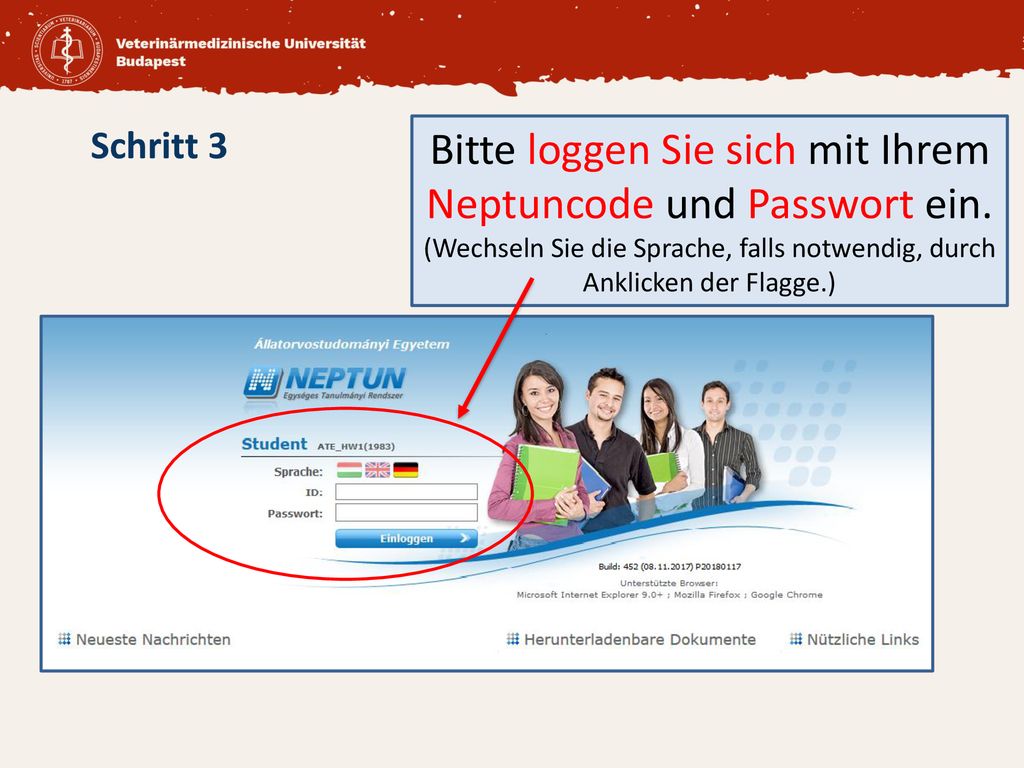 Bitte loggen Sie sich mit Ihrem Neptuncode und Passwort ein.