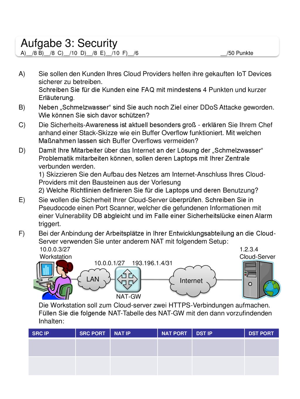 Aufgabe 3: Security A)__/8 B)__/8 C)__/10 D)__/8 E)__/10 F)__/6 __/50 Punkte.