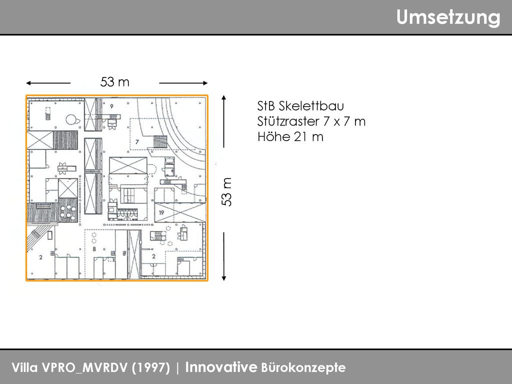 53 m 53 m StB Skelettbau Stützraster 7 x 7 m Höhe 21 m 53 m 53 m