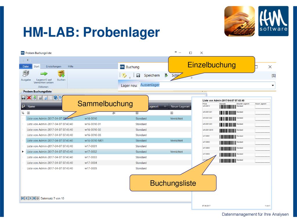 HM-LAB: Probenlager Einzelbuchung Sammelbuchung Buchungsliste