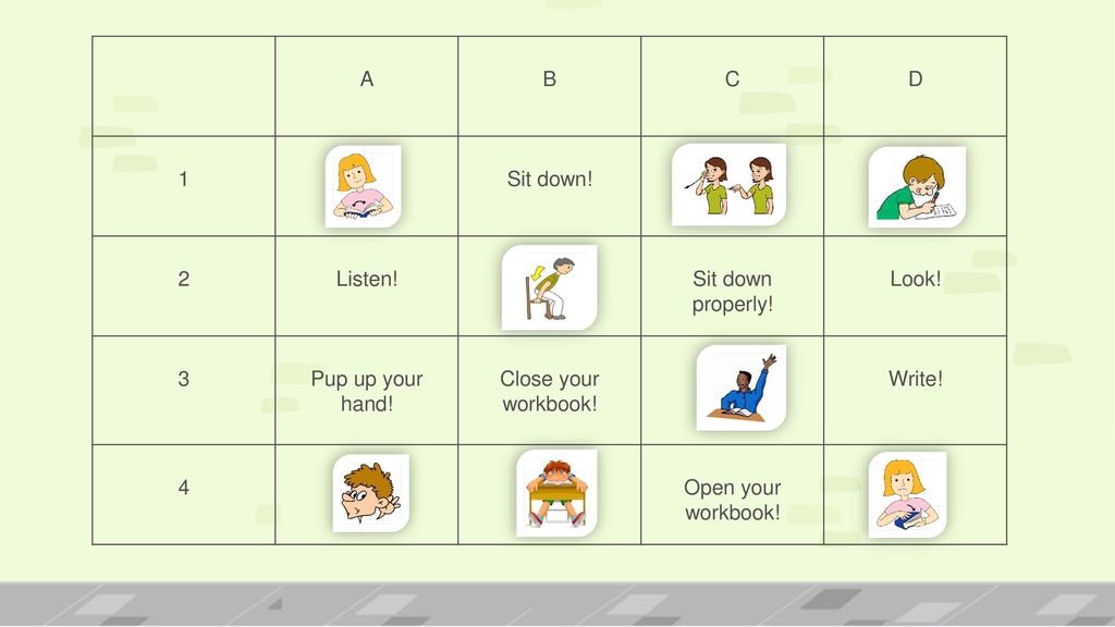 A B. C. D. 1. Sit down! 2. Listen! Sit down properly! Look! 3. Pup up your hand! Close your workbook!