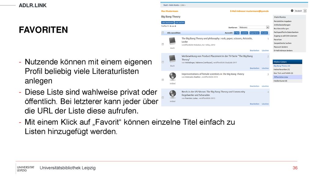 Adlr.link FAvoriten. Nutzende können mit einem eigenen Profil beliebig viele Literaturlisten anlegen.