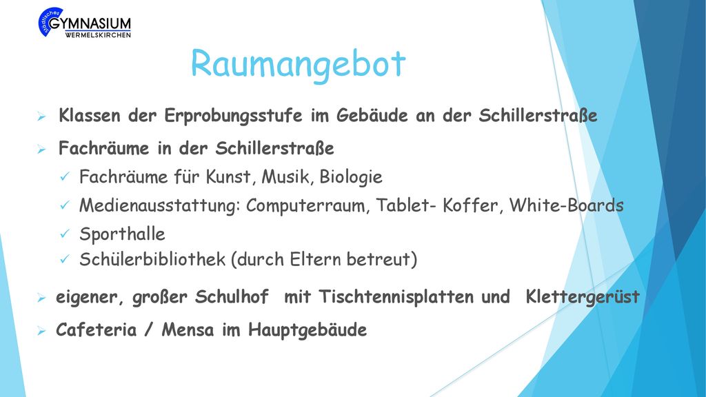Raumangebot Klassen der Erprobungsstufe im Gebäude an der Schillerstraße. Fachräume in der Schillerstraße.
