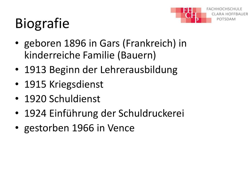 Biografie geboren 1896 in Gars (Frankreich) in kinderreiche Familie (Bauern) 1913 Beginn der Lehrerausbildung.