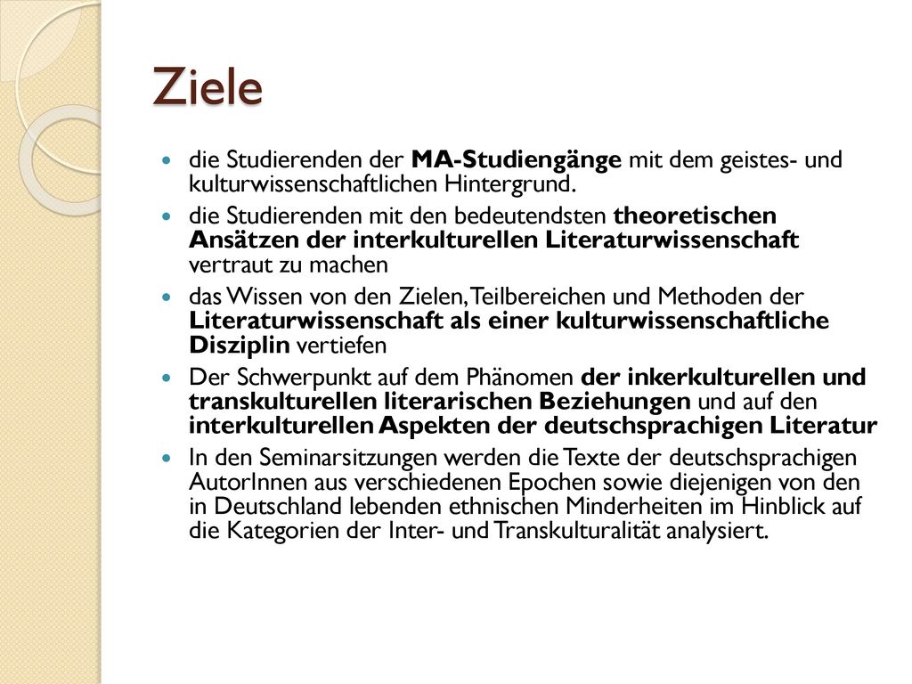 Ziele die Studierenden der MA-Studiengänge mit dem geistes- und kulturwissenschaftlichen Hintergrund.