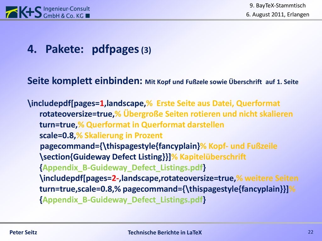 Pakete: pdfpages (3) Seite komplett einbinden: Mit Kopf und Fußzele sowie Überschrift auf 1. Seite.