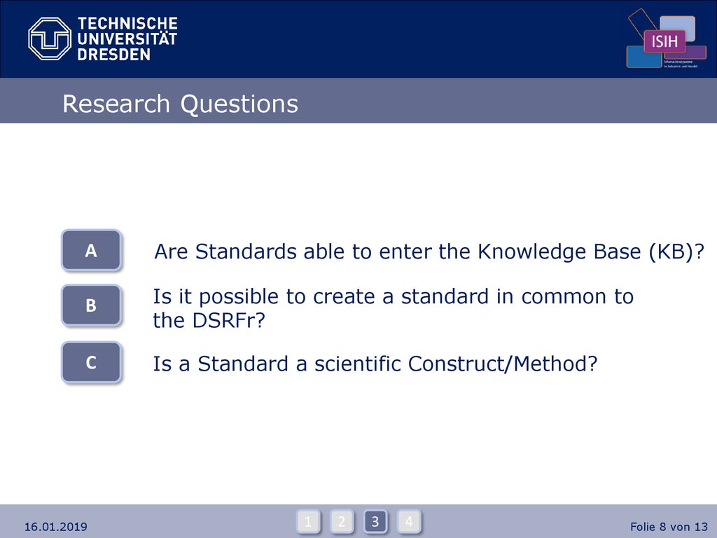 Research Questions A. Are Standards able to enter the Knowledge Base (KB) Is it possible to create a standard in common to the DSRFr