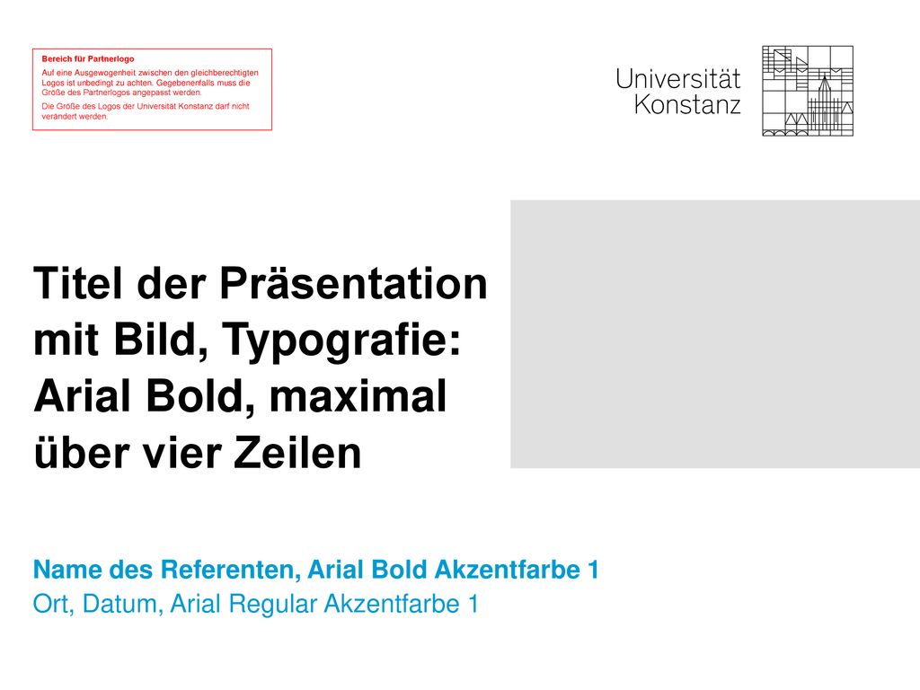 Titel der Präsentation mit Bild, Typografie: Arial Bold, maximal über vier Zeilen