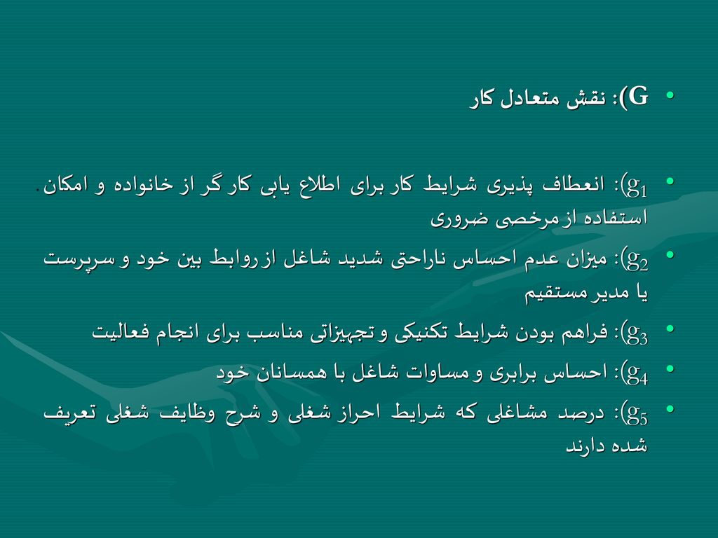 (G: نقش متعادل کار (g1: انعطاف پذيری شرايط کار برای اطلاع يابی کار گر از خانواده و امکان استفاده از مرخصی ضروری.