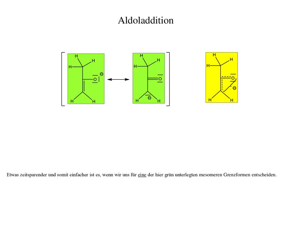 Aldoladdition Etwas zeitsparender und somit einfacher ist es, wenn wir uns für eine der hier grün unterlegten mesomeren Grenzformen entscheiden.