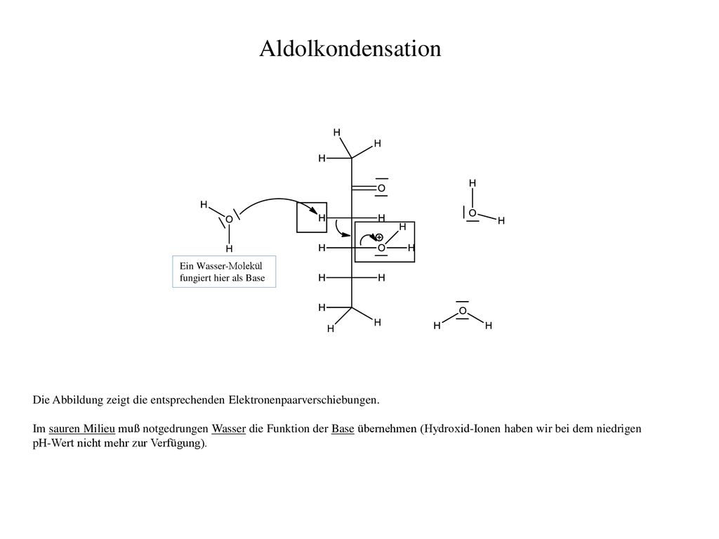 Aldolkondensation Ein Wasser-Molekül. fungiert hier als Base. Die Abbildung zeigt die entsprechenden Elektronenpaarverschiebungen.