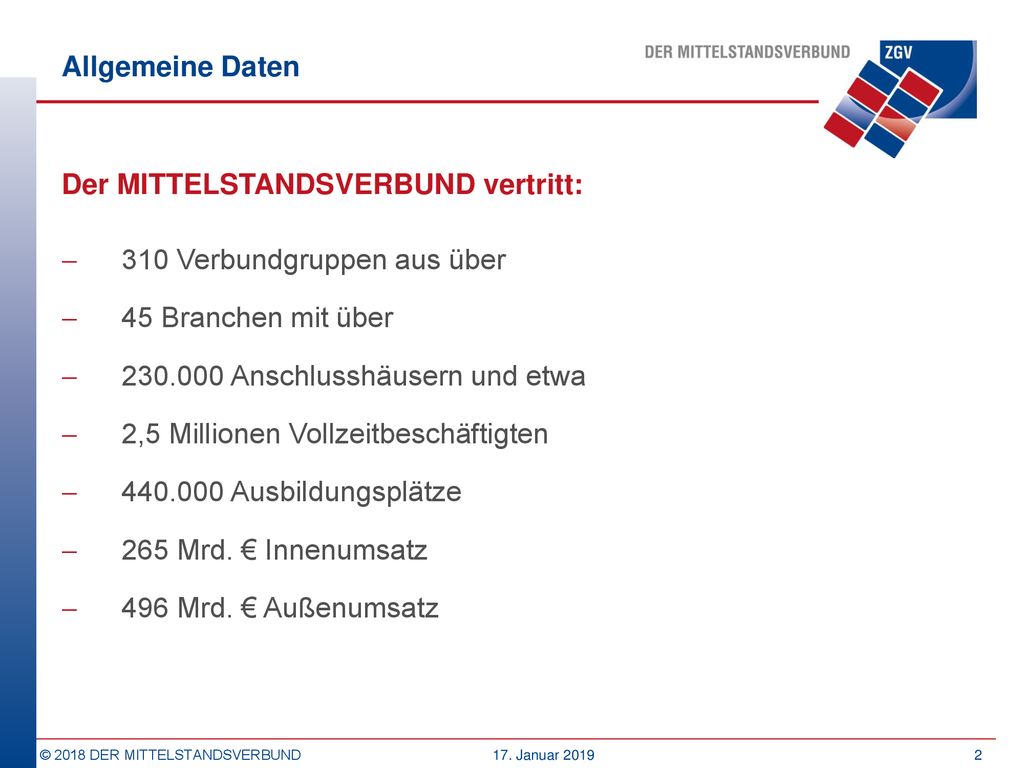 Allgemeine Daten Der MITTELSTANDSVERBUND vertritt: 310 Verbundgruppen aus über. 45 Branchen mit über.