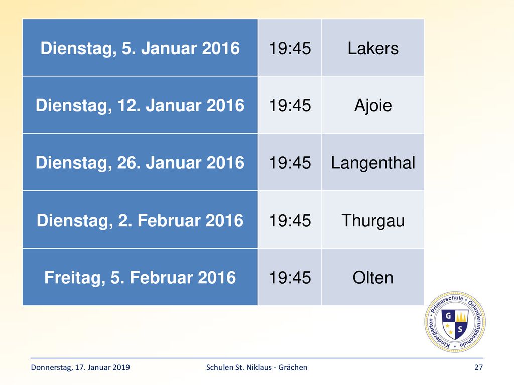 Dienstag, 5. Januar :45 Lakers Dienstag, 12. Januar 2016 Ajoie