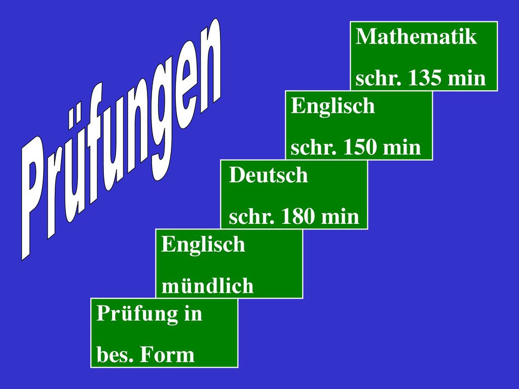 Prüfungen Mathematik schr. 135 min Englisch schr. 150 min Deutsch