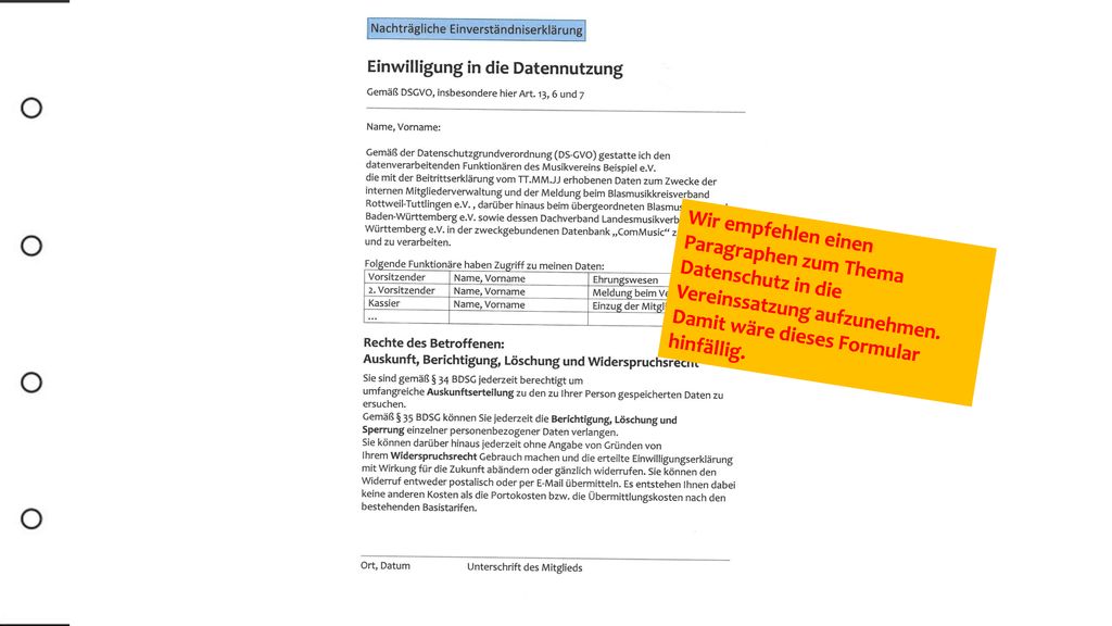Wir empfehlen einen Paragraphen zum Thema Datenschutz in die Vereinssatzung aufzunehmen.