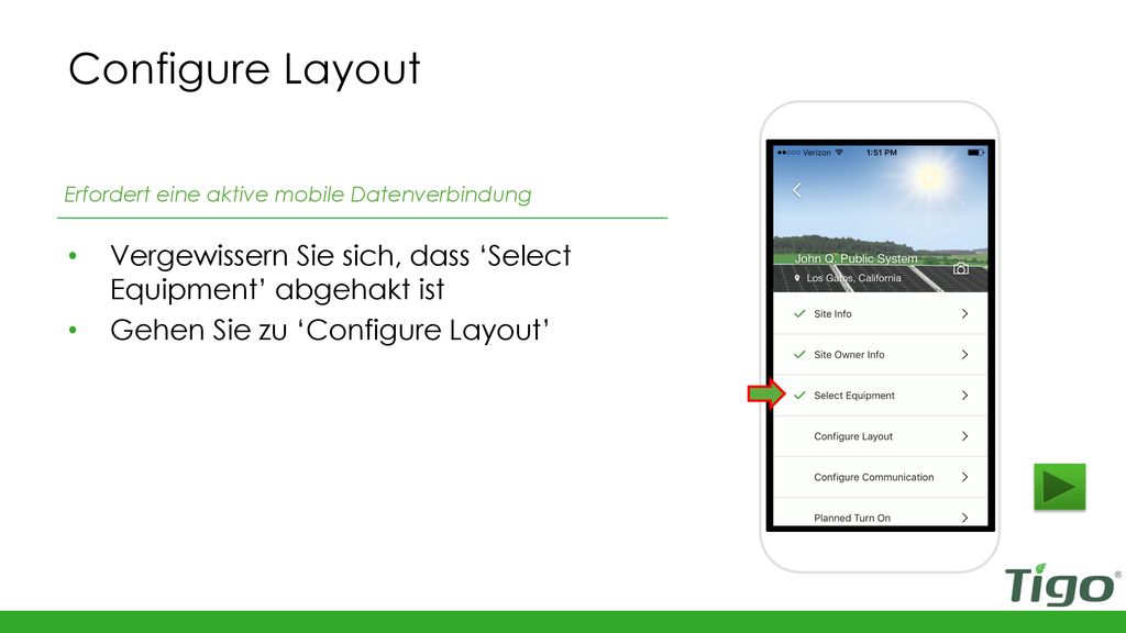 Configure Layout Erfordert eine aktive mobile Datenverbindung. Vergewissern Sie sich, dass ‘Select Equipment’ abgehakt ist.