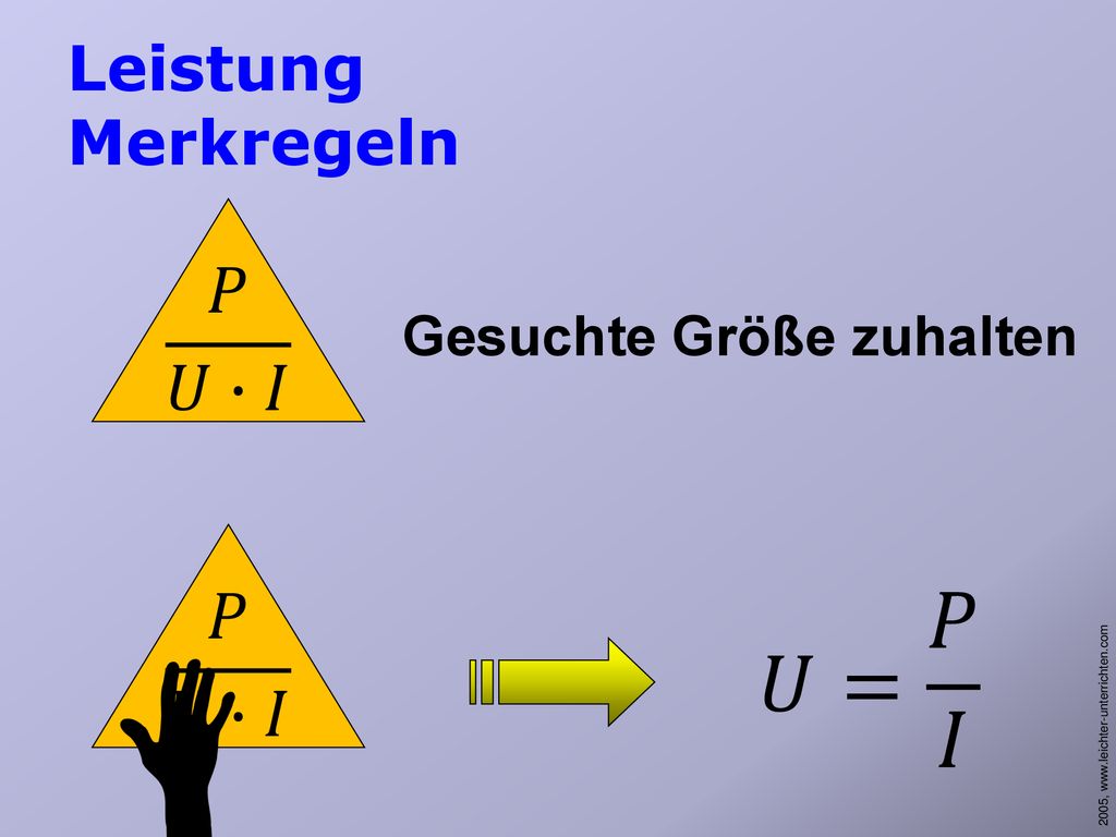 Leistung Merkregeln 𝑃 𝑈∙𝐼 Gesuchte Größe zuhalten 𝑃 𝑈∙𝐼 𝑈= 𝑃 𝐼