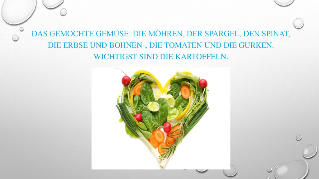 Das gemochte Gemüse: die Möhren, der Spargel, den Spinat, die Erbse und bohnen-, die Tomaten und die Gurken.
