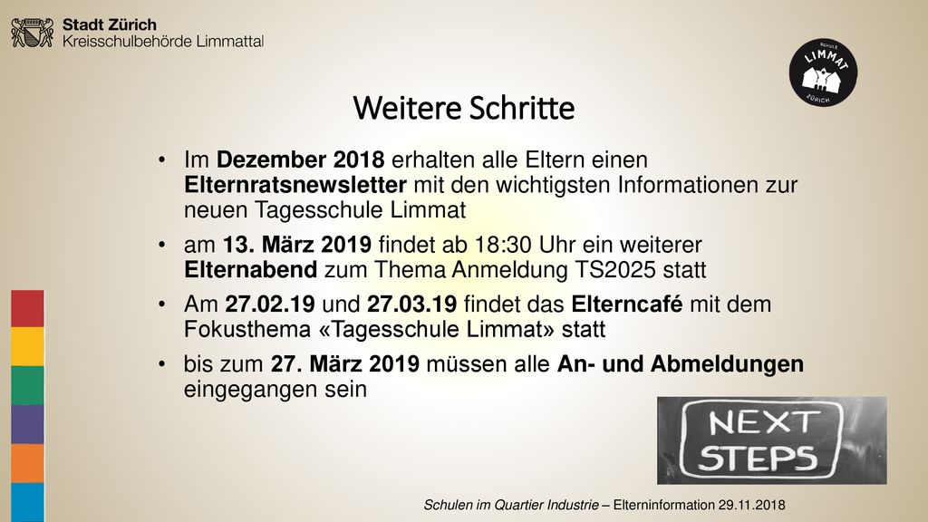 Weitere Schritte Im Dezember 2018 erhalten alle Eltern einen Elternratsnewsletter mit den wichtigsten Informationen zur neuen Tagesschule Limmat