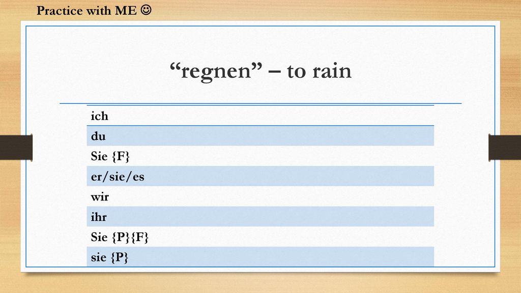 regnen – to rain Practice with ME  ich du Sie {F} er/sie/es wir ihr