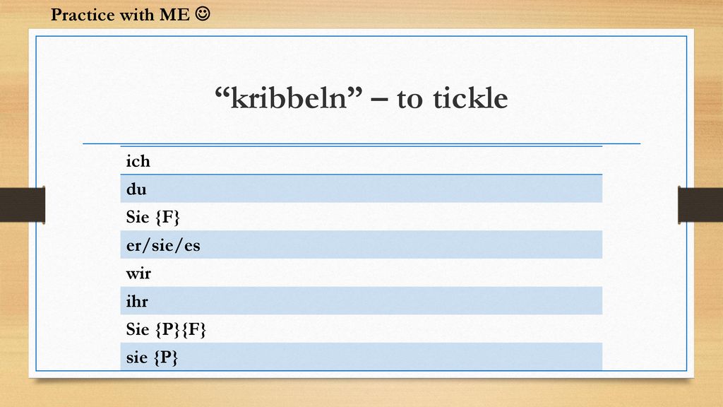 kribbeln – to tickle Practice with ME  ich du Sie {F} er/sie/es wir
