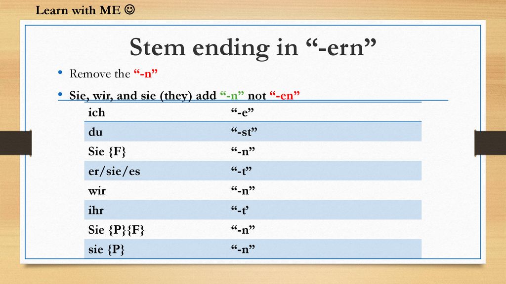 Stem ending in -ern Learn with ME  Remove the -n