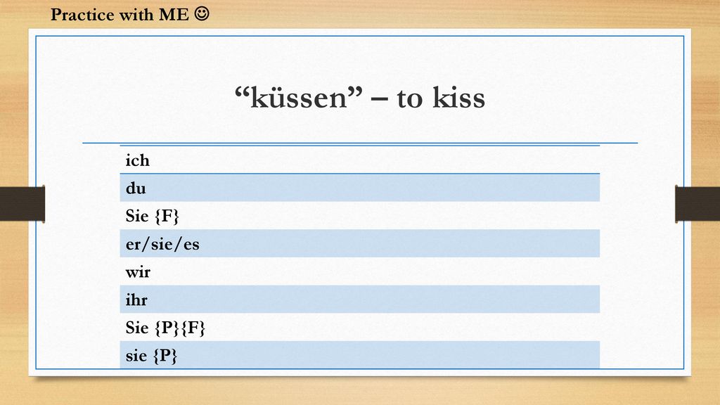 küssen – to kiss Practice with ME  ich du Sie {F} er/sie/es wir ihr