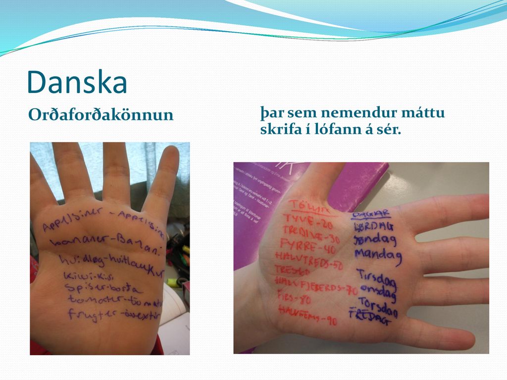 Danska Orðaforðakönnun þar sem nemendur máttu skrifa í lófann á sér.