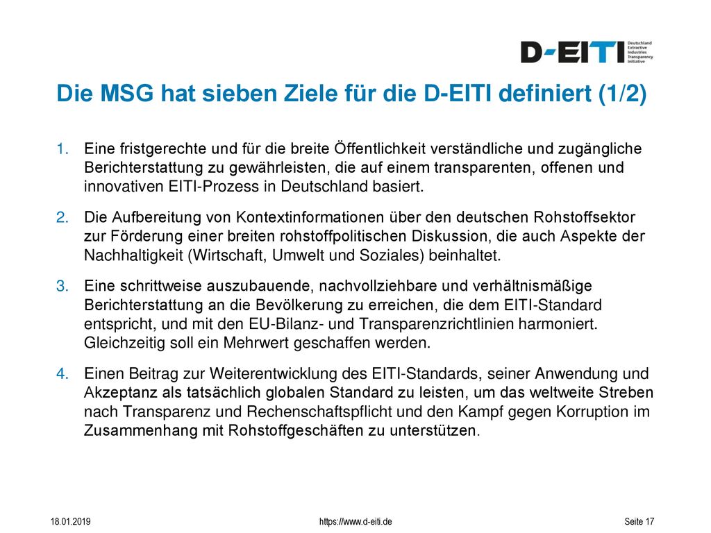 Die MSG hat sieben Ziele für die D-EITI definiert (1/2)