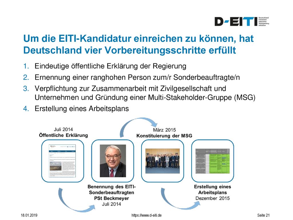 Um die EITI-Kandidatur einreichen zu können, hat Deutschland vier Vorbereitungsschritte erfüllt