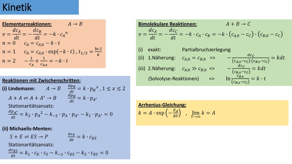 Kinetik Elementarreaktionen: 𝐴→𝐵 𝑣= 𝑑 𝑐 𝐴 𝑑𝑡 =− 𝑑 𝑐 𝐵 𝑑𝑡 =−𝑘∙ 𝑐 𝐴 𝑛