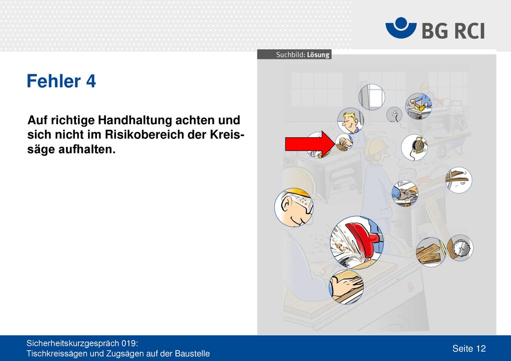 Fehler 4 Auf richtige Handhaltung achten und sich nicht im Risikobereich der Kreis-säge aufhalten.