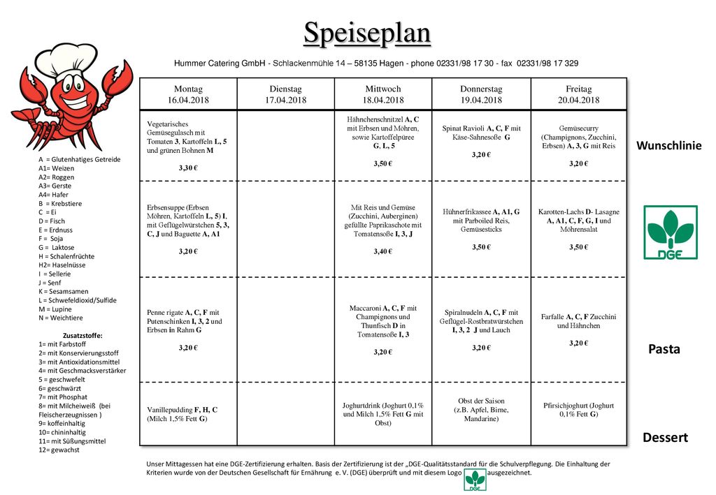 Speiseplan Pasta Dessert Wunschlinie Montag Dienstag