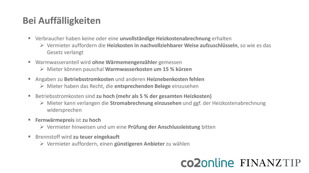 Bei Auffälligkeiten Verbraucher haben keine oder eine unvollständige Heizkostenabrechnung erhalten.