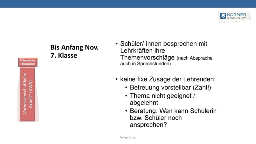 Bis Anfang Nov. 7. Klasse Schüler/-innen besprechen mit Lehrkräften ihre Themenvorschläge (nach Absprache auch in Sprechstunden)