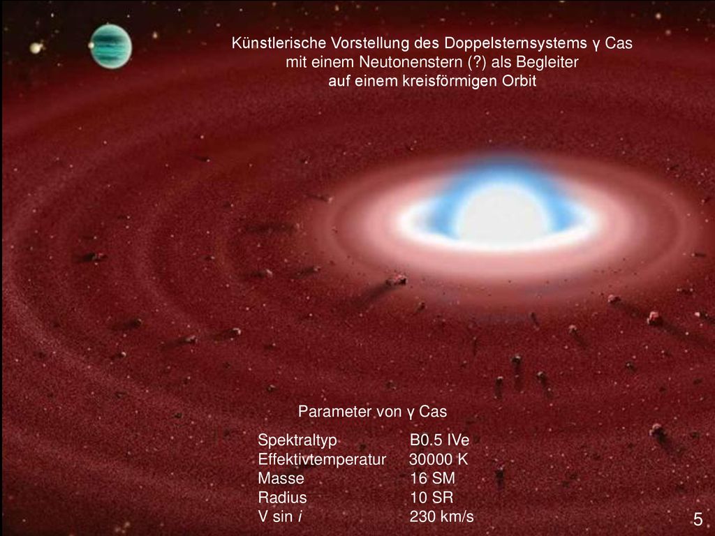 Künstlerische Vorstellung des Doppelsternsystems γ Cas mit einem Neutonenstern ( ) als Begleiter auf einem kreisförmigen Orbit