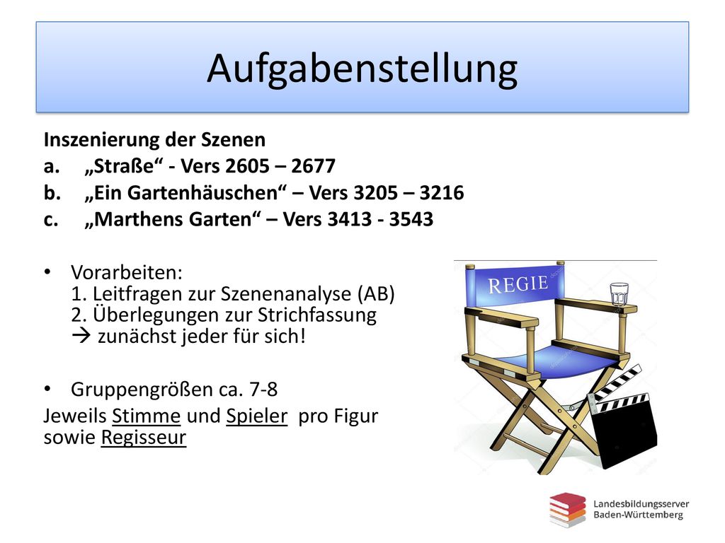 Aufgabenstellung Inszenierung der Szenen „Straße - Vers 2605 – 2677