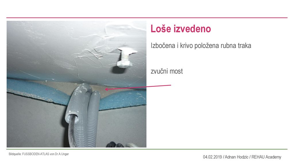 Loše izvedeno Izbočena i krivo položena rubna traka zvučni most