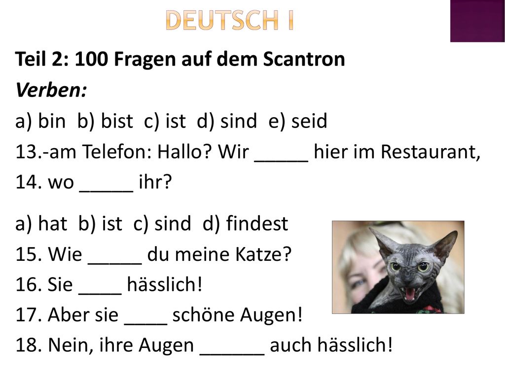 Deutsch I Teil 2: 100 Fragen auf dem Scantron Verben: