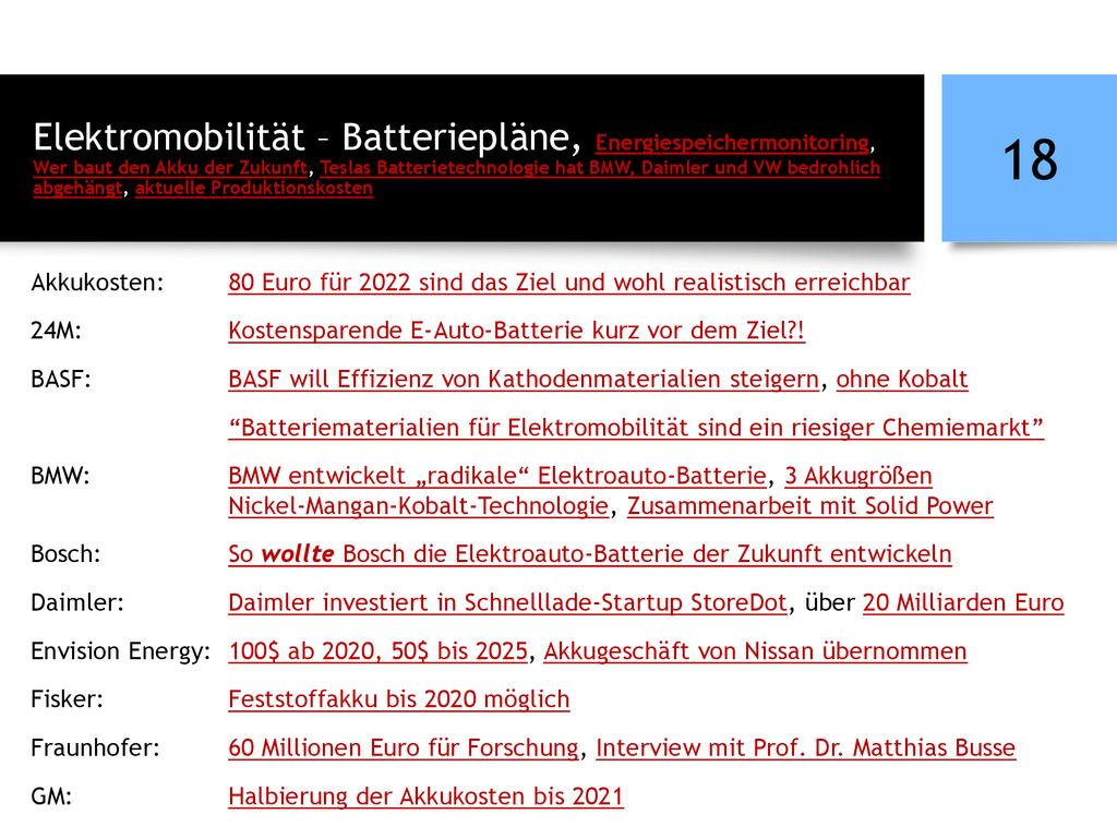 Elektromobilität – Batteriepläne, Energiespeichermonitoring, Wer baut den Akku der Zukunft, Teslas Batterietechnologie hat BMW, Daimler und VW bedrohlich abgehängt, aktuelle Produktionskosten